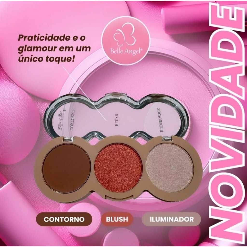 Paleta 3 em 1 Belle Angel – Iluminador, Blush e Contorno com Alta Pigmentação